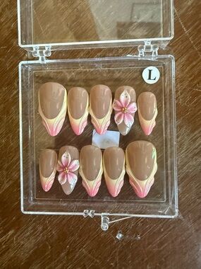 Hand Painted Acrylic Neutral Pink Gradient Press-On Nails with 3D Floral Accent